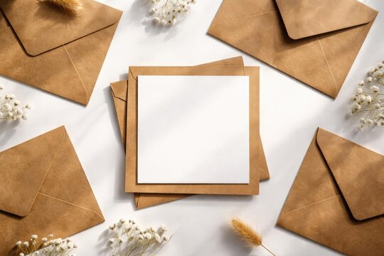 Flat overhead view of kraft envelopes with a square postcard arranged on white surface for greeting card mockups