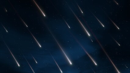 Starfall in the night sky. Bright meteorite stream. Meteor trails on a dark background. Beautiful falling stars. 