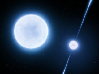 Obraz premium Neutron star and white dwarf system. Remains of stars after their death. Dwarf star in the orbit of a pulsar.