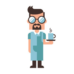 Flat design illustration of a barista holding a coffee cup.