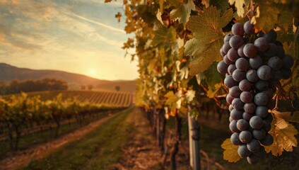 Obraz premium Vineyard landscape with ripe grapes in harvest, showcasing organic fruit cultivation during autumn