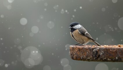 Coal tit feeding with a dirty beak, focusing on bird hygiene in a soft gray-green setting