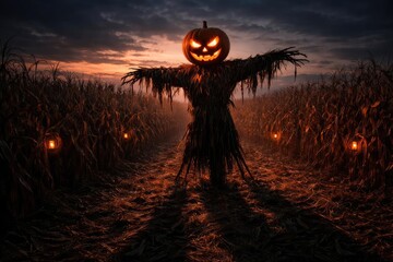 Halloween pumpkin scarecrow casting shadows in wide cornfield after sunset