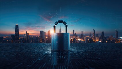 A virtual lock over a city at night illustrating network security measures, relevant for cybersecurity awareness