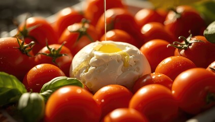 Burrata cheese with ripe tomatoes on a vibrant platter, highlighting Italian summer harvest for Ferragosto