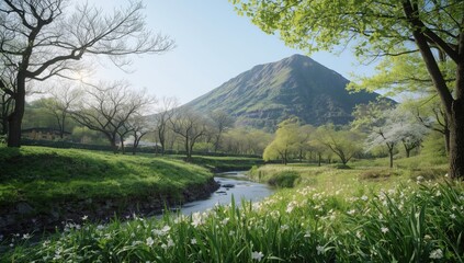 Hanla Mountain in Jeju during spring, highlighting seasonal flora and mountain terrain for landscape backgrounds