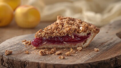 Fruit-topped shortbread pastry with plum and apple jam served on a rustic wooden surface, ideal for dessert presentation