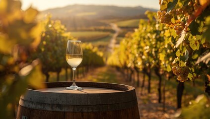 Obraz premium White wine glass placed on a rustic barrel amidst vineyard scenery, highlighting wine craftsmanship and seasonal harvest