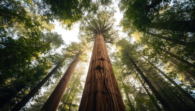 Tall redwood trees creating a canopy, highlighting forest conservation - Powered by Adobe