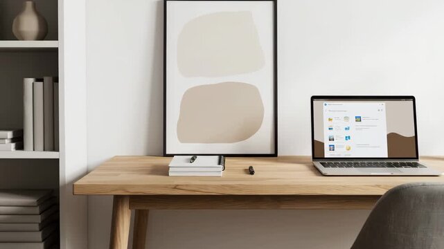 A clean and organized home office setup featuring a laptop on a wooden desk, ideal for remote work.