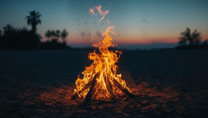 Detailed view of a bonfire with vibrant flames and smoke rising, used as an editorial header background, Earth Day