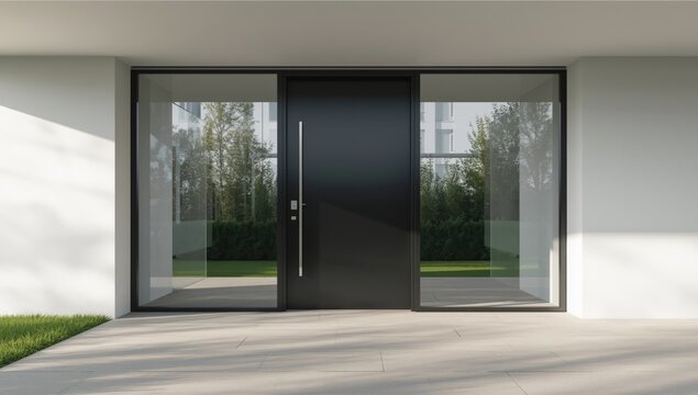 New house facade featuring a sleek black aluminum front door, highlighting modern architecture