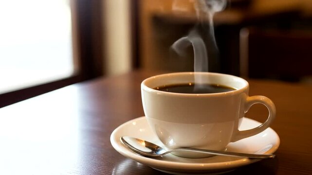 Aromatic Coffee Break - Steaming Cup on a Wooden Table.