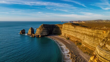 Aerial perspective of flysch formations in Zumaia, showcasing stratification and water interaction, Earth Day
