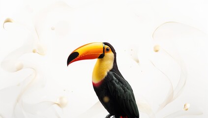 Fototapeta premium Brightly colored Toucan with large bill resting on tree limb, suitable for nature backgrounds