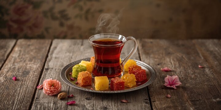 Tea served in an armudu glass alongside rahat lokum on a metal tray, traditional presentation and cultural enjoyment