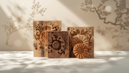 Hand-carved wooden sculptures showcasing traditional craftsmanship, highlighting artistic detail and manual skill