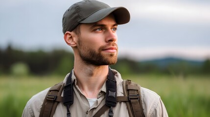 Fototapeta premium A man in a cap and binoculars gazes over a serene natural landscape