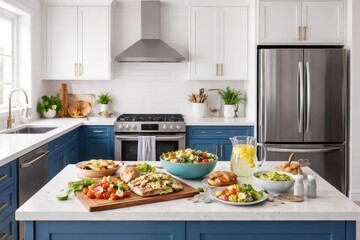 Modern kitchen with fresh meal concept white walls blue and white furniture full frontal view including stove and fridge