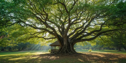Obraz premium Sai Ngam banyan tree in Phimai, Thailand, as a shaded natural feature for outdoor relaxation