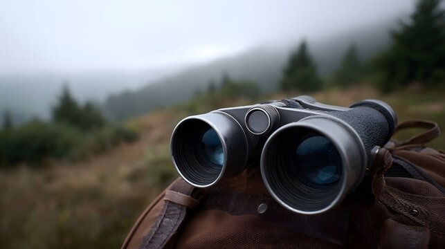 Binoculars rest on a brown backpack overlooking a misty mountain landscape with evergreen trees - Powered by Adobe