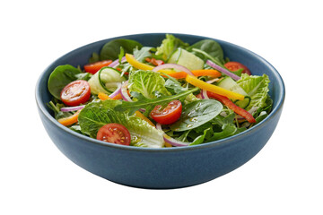 Colorful Garden Salad In A Blue Bowl With Fresh Greens And Cherry Tomatoes.