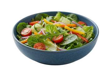 Colorful Garden Salad In A Blue Bowl With Fresh Greens And Cherry Tomatoes.