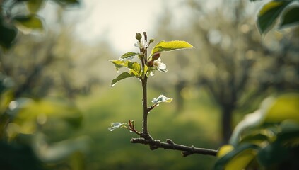 Closeup of a grafted apple tree showing emerging buds, new leaves, and flowers, highlighting early spring
