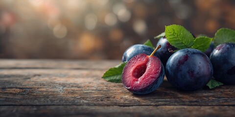 Cluster of plums with leaves on a rustic surface highlighting fruit selection, harvest season