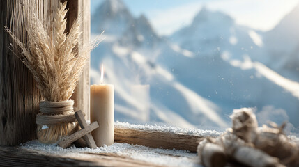 Celebrating Candlemas Mari&auml; Lichtmess in Liechtenstein with a candle and wheat on a wooden table amidst snowy mountains