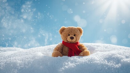 A small teddy bear bundled in a red wool scarf amidst snow, highlighting comfort and joy during winter, Nature, Seasonal change