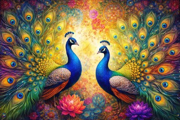 Fototapeta premium Colorful peacocks displaying feathers on a vibrant decorative background
