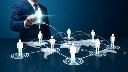 Global networking and human resources management. World wide web connectivity. Businessman touching a digital person icon on a virtual world map interface with network connections