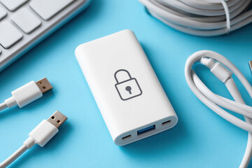 Fototapeta premium Secure power bank with lock icon on blue background