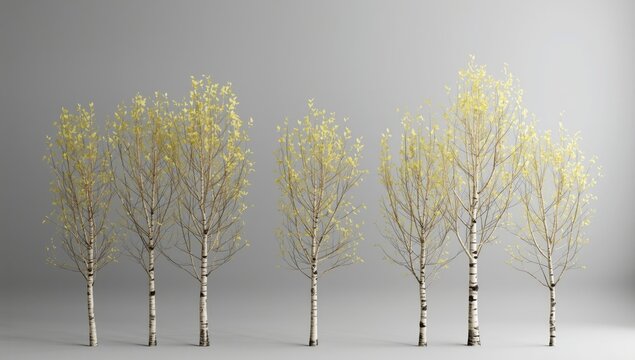 Springtime birch trees along a gray background, nature and seasonal transition