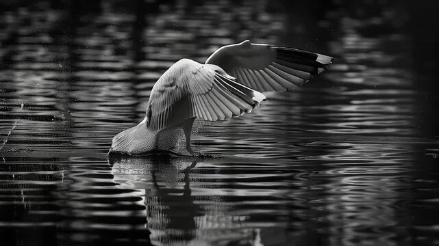 Seagull swooping to catch fish from the water's surface in monochrome landscape video footage