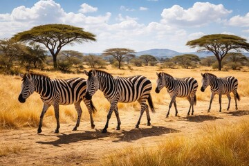 Fototapeta premium Zebras walking slowly on a bright afternoon