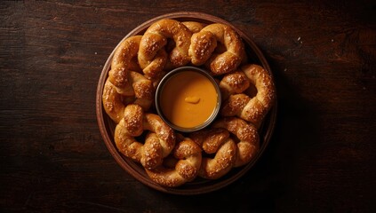 Naklejka premium Top-down view of baked pretzels with salt crystals and cheese dip, focusing on snack preparation, National Pretzel Day