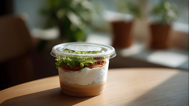 A delicious layered breakfast parfait or savory snack in a clear plastic cup rests on a rustic wooden table under soft natural sunlight