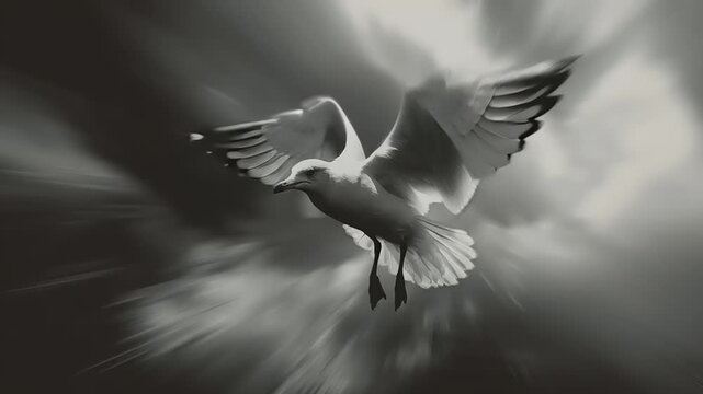 Seagull flying through strong winds with outstretched wings captured in a dramatic black and white video footage