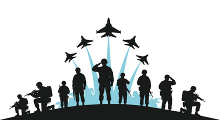 Powerful military tribute graphic with silhouettes of soldiers on the ground and a formation of fighter jets flying overhead in an airshow.