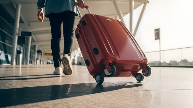 Traveler walking through airport terminal with red suitcase. Low angle vacation departure concept. Person pulling a rolling luggage bag on a bright sunny day at the airport