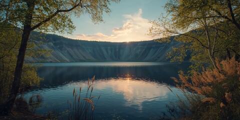 Coal pit with clear water and natural reflections during sunset, highlighting industrial landscape, Earth Day