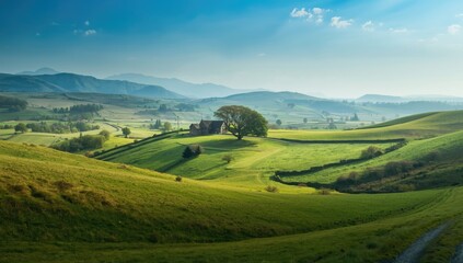 Obraz premium Rural farm surrounded by lush green landscape and distant mountains, highlighting land management, Earth Day