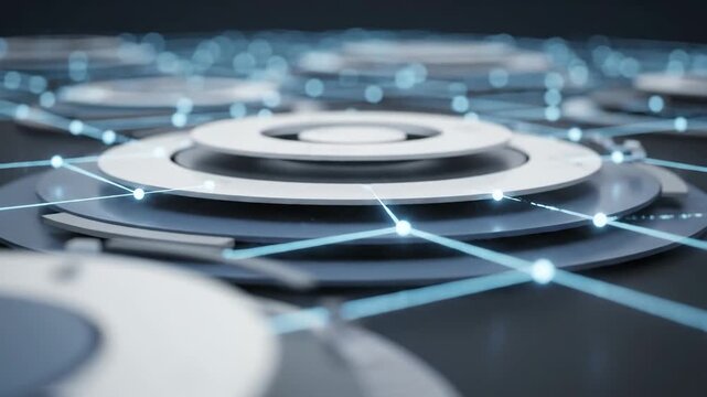 Abstract animation showing a futuristic digital network with interconnected circular elements and glowing data lines.