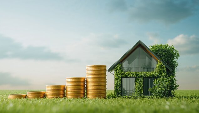 Coin stacks beside a green house highlighting renewable energy adoption, investment and funding focus