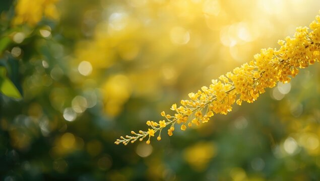 Yellow flowering broom branch in natural outdoor setting, highlighting springtime plant survival