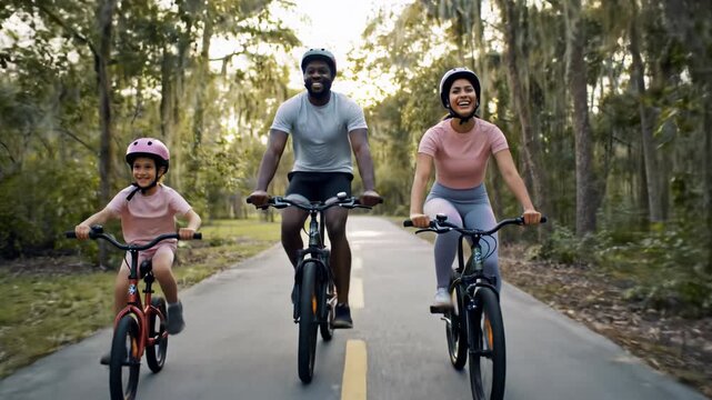 Vibrant cinematic video of a joyful diverse family of four cycling on a verdant park trail in golden hour light, wearing athletic wear & helmets. Smooth tracking & aerial video, shallow depth of