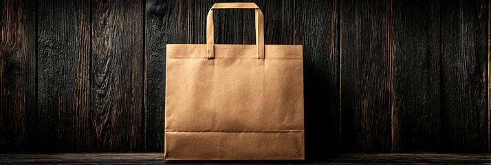 Fototapeta premium Elegant brown kraft paper shopping bag with sturdy handles standing against dark rustic wooden plank background sustainable eco-friendly retail packaging concept