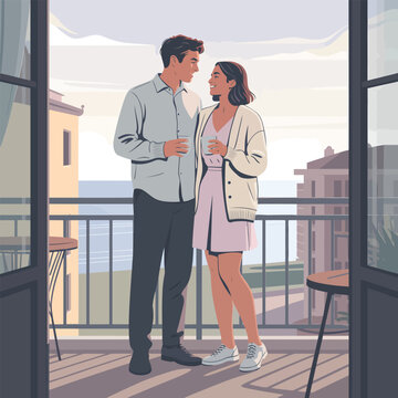 A young couple shares a heartwarming moment and morning drinks on a charming balcony